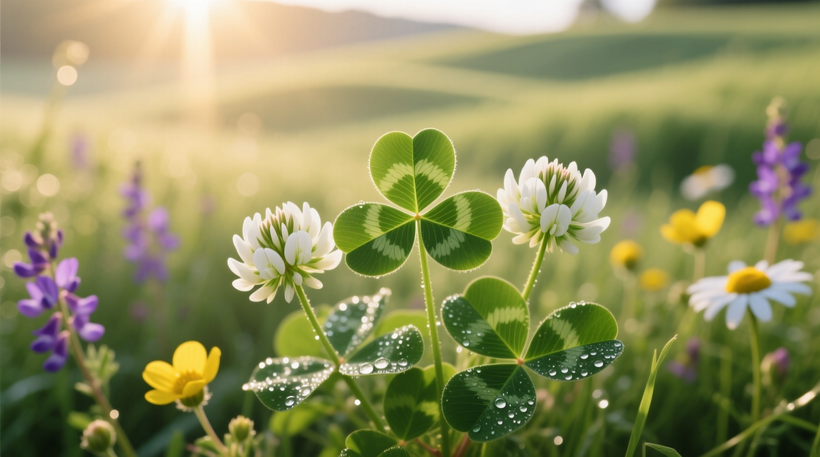 Close-up of white clover flowers and leaves in a meadow