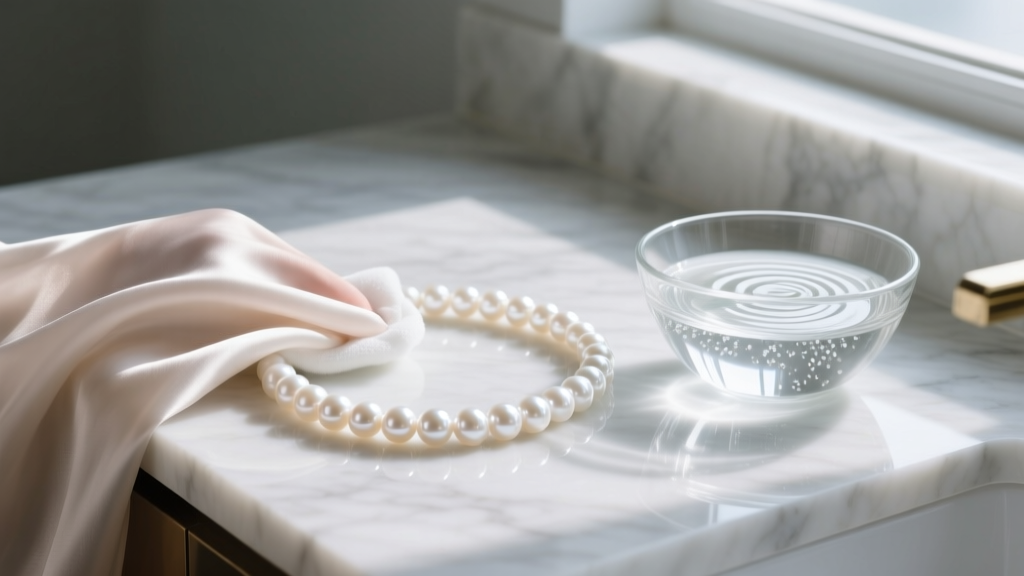 Soft cloth wiping white Akoya pearls next to a glass bowl of distilled water and pH-neutral soap on a clean marble vanity top.