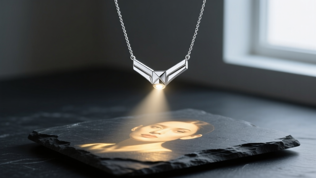 Silver projection necklace on dark slate, casting a glowing portrait onto the stone surface using a small LED flashlight beam.
