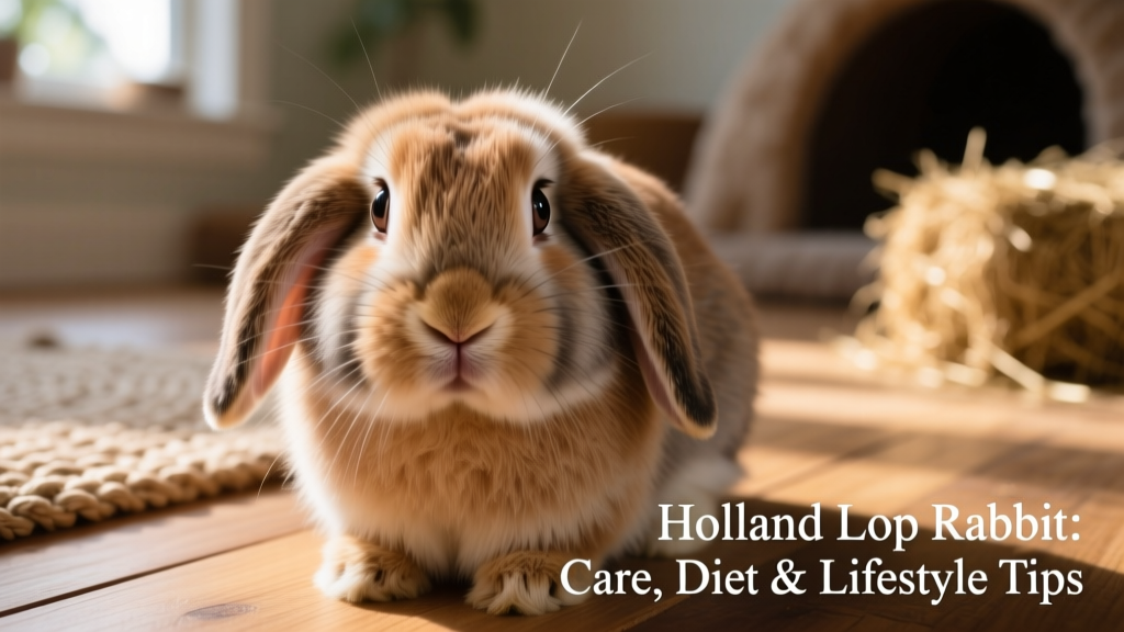 Close-up of a Holland Lop’s expressive face and velvety fur, highlighting its characteristic lopped ears and round cheeks