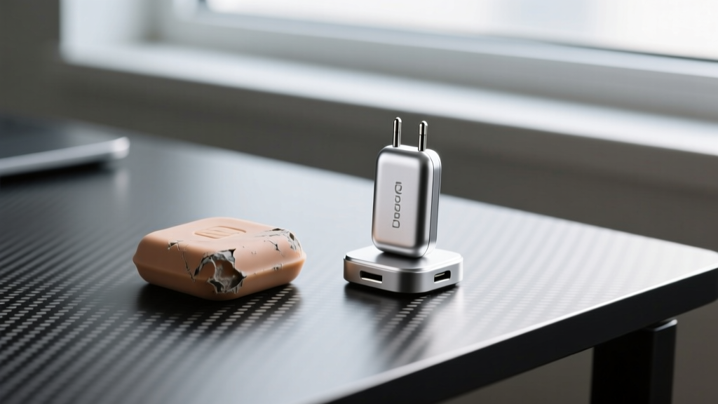 Comparison of a degraded silicone charging puck and a pristine magnetic pogo-pin wearable charger resting on a carbon fiber desk