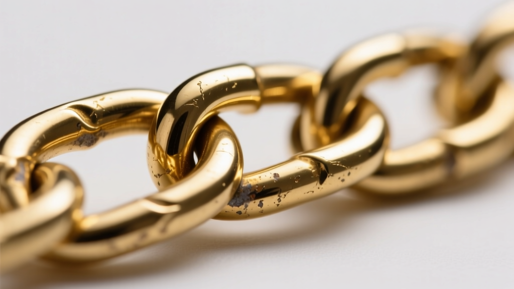 Macro shot of an 18-gauge gold-filled chain link showing tarnish and brass exposure at the connection point in bright light.