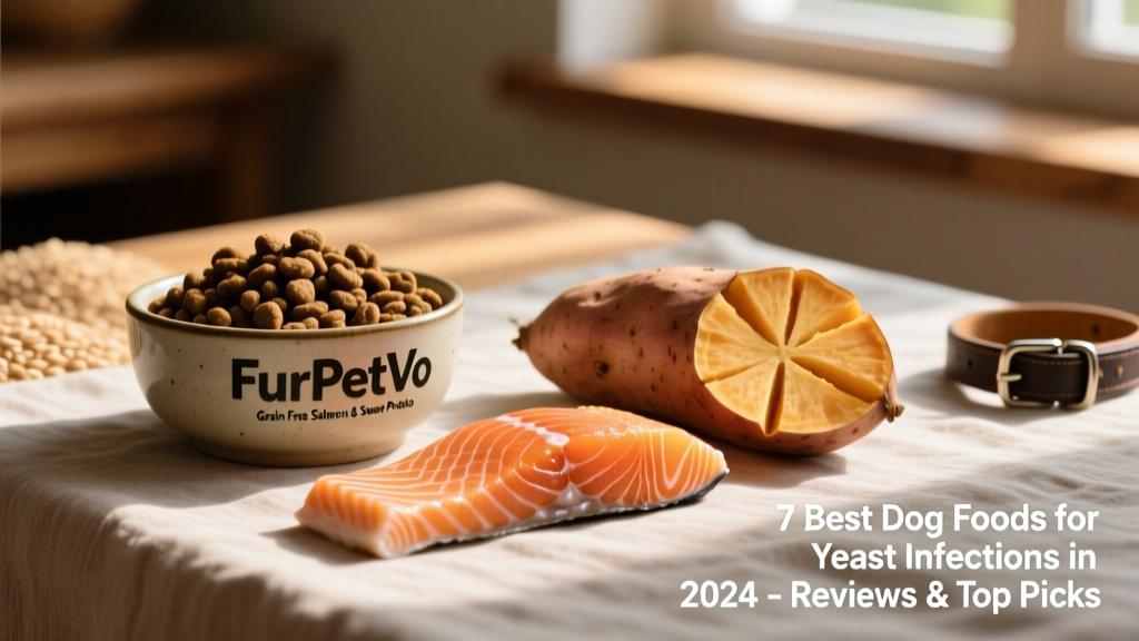 Bowl of FurPetVo Grain-Free Salmon & Sweet Potato kibble beside fresh salmon fillet and sliced sweet potato