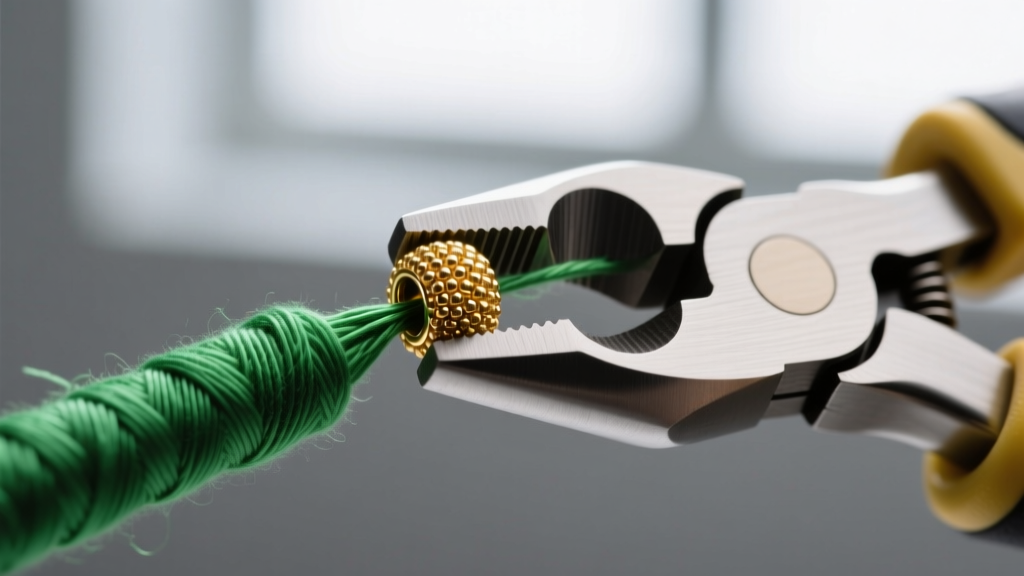 Macro shot of a gold micro crimp bead being secured onto a green Wildfire thread using specialized jewelry crimping pliers.