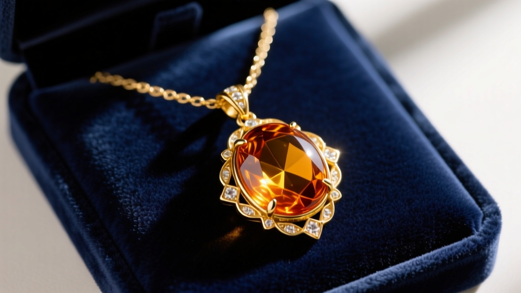 Close-up of a 1970s vintage Avon gold-tone pendant necklace with amber glass cabochons resting on a dark velvet display pad.