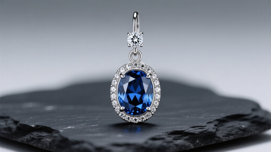 Macro shot of a platinum bezel-set oval sapphire drop earring with a brilliant-cut diamond bail resting on a dark slate stone