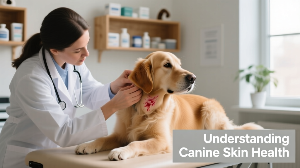 Veterinarian examining a dog’s ear and neck area during a dermatology checkup