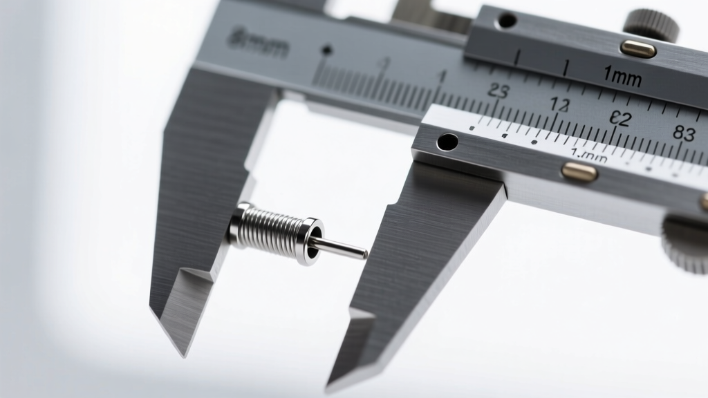 Macro shot of a digital caliper measuring the exact 8mm length and 1.2mm thickness of an implant-grade titanium earring post.
