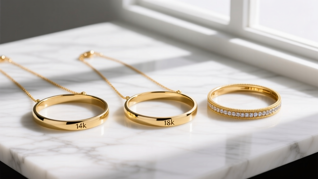 Flat lay of three gold bezel necklaces in varying lengths, showing 14k, 18k, and 22k gold color differences on white marble.