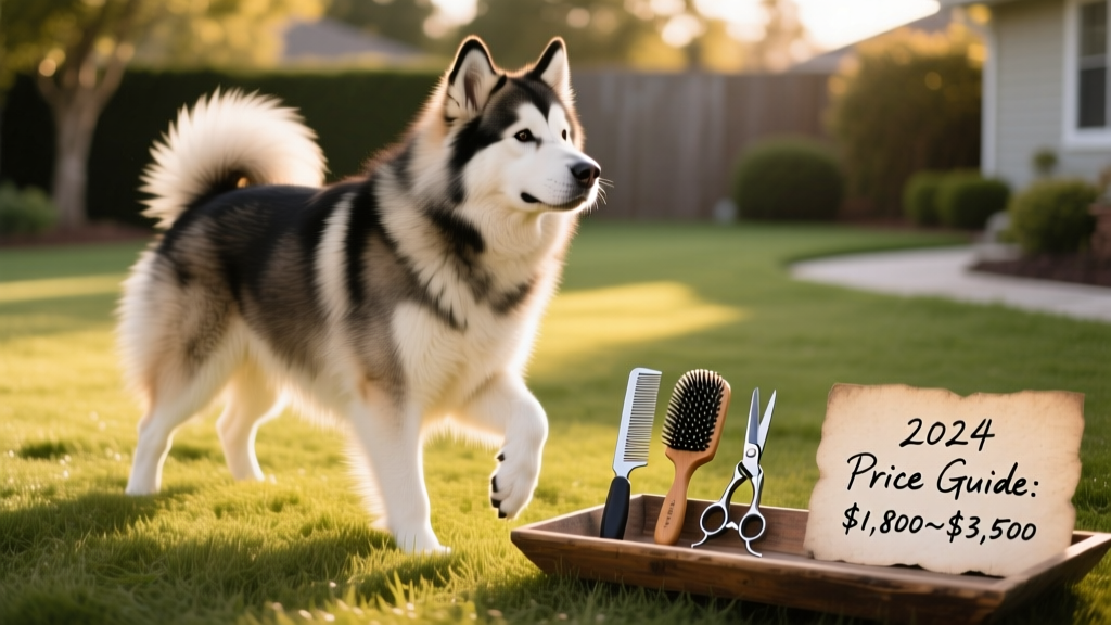A well-groomed Alaskan Malamute standing on grass beside grooming tools and a brush