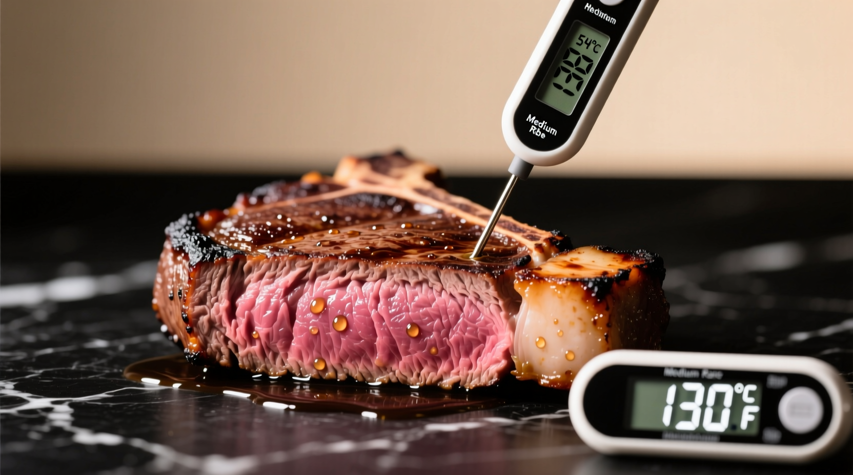 Perfect medium rare steak with thermometer showing 130 degrees