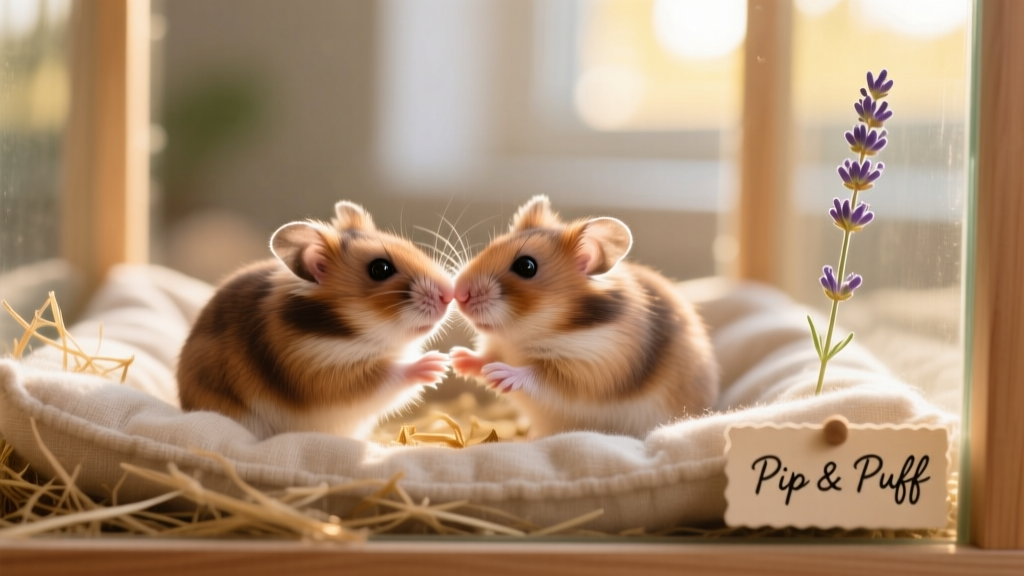 A pair of curious dwarf hamsters sniffing each other near soft bedding in a clean, naturalistic enclosure