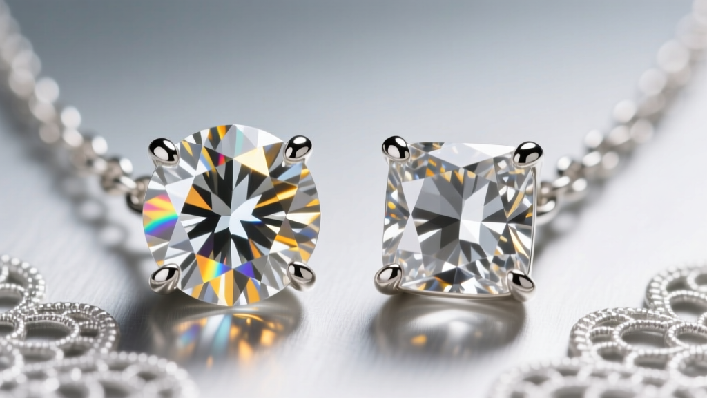 Macro photography comparing a moissanite stone and a cubic zirconia stone set in a sterling silver icing necklace prong setting.