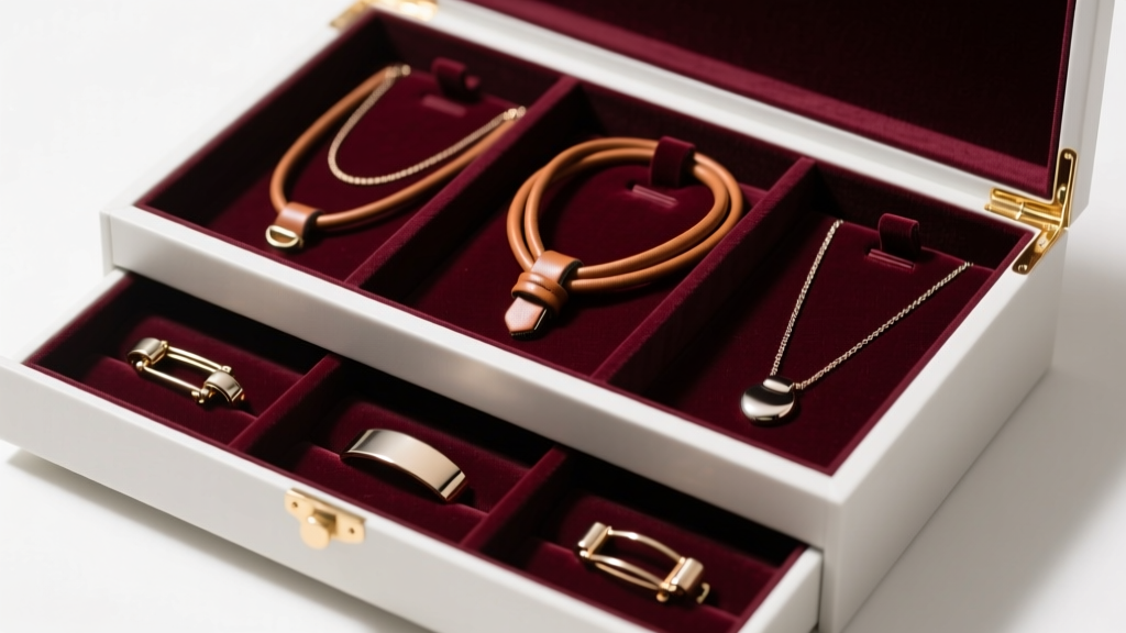 Open jewelry box featuring individual velvet pouches holding leather cord necklaces and polished metal clasps inside drawers.