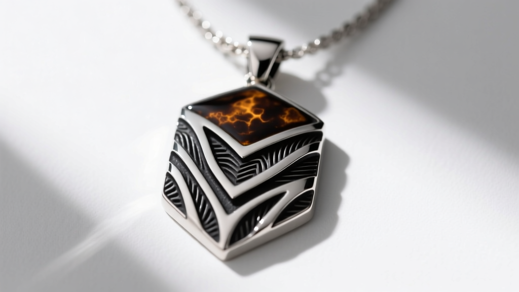 Overhead view of oxidized sterling silver mens black necklace pendant, showing dark sulfur patina trapped in engraved grooves.