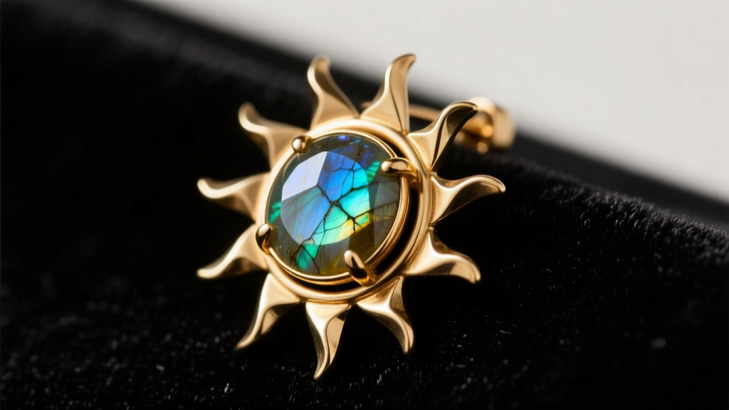 Close-up of a heavy mixed-metal earring of the solstice with a brass sunburst halo and raw labradorite on dark velvet.