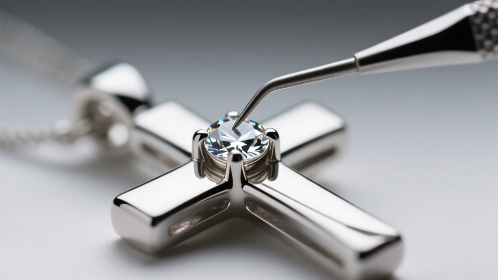 Close-up of a dental pick pushing a bent micro-prong over a small round cubic zirconia stone set in a silver cross pendant.