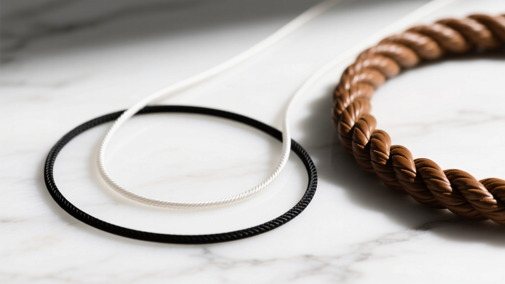 Three necklace cords on marble: a thin 0.5mm white silk thread, a 1.5mm black nylon cord, and a thick 3mm braided leather rope
