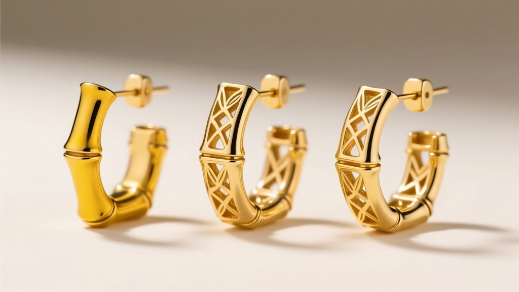 Close-up of three gold bamboo earring joints showing 10k, 14k, and 18k alloy color variations under bright studio lights.
