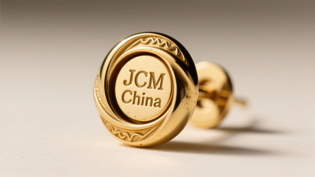 Macro shot of a vintage gold-plated earring back stamped with the JCM China mark, illuminated by soft directional studio lighting.