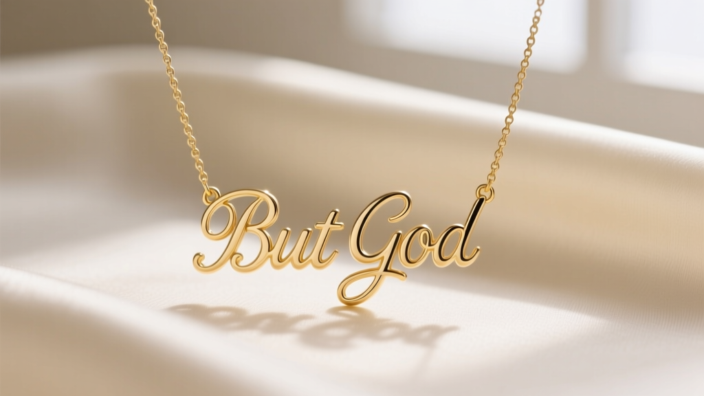 Close-up of a delicate 14k solid gold But God script pendant on a 1.2mm cable chain against soft cream silk fabric background.