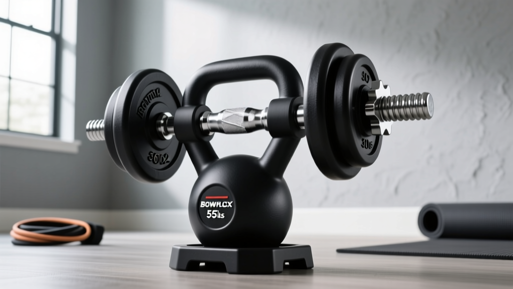 Bowflex SelectTech 552 dumbbells attached to a black plastic kettlebell adapter base for home gym swings and squats