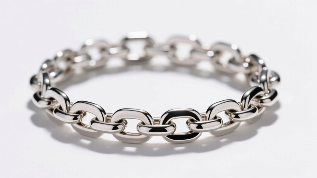 Side view of a rhodium-plated sterling silver box chain catching light, showing the mirror finish that prevents copper oxidation