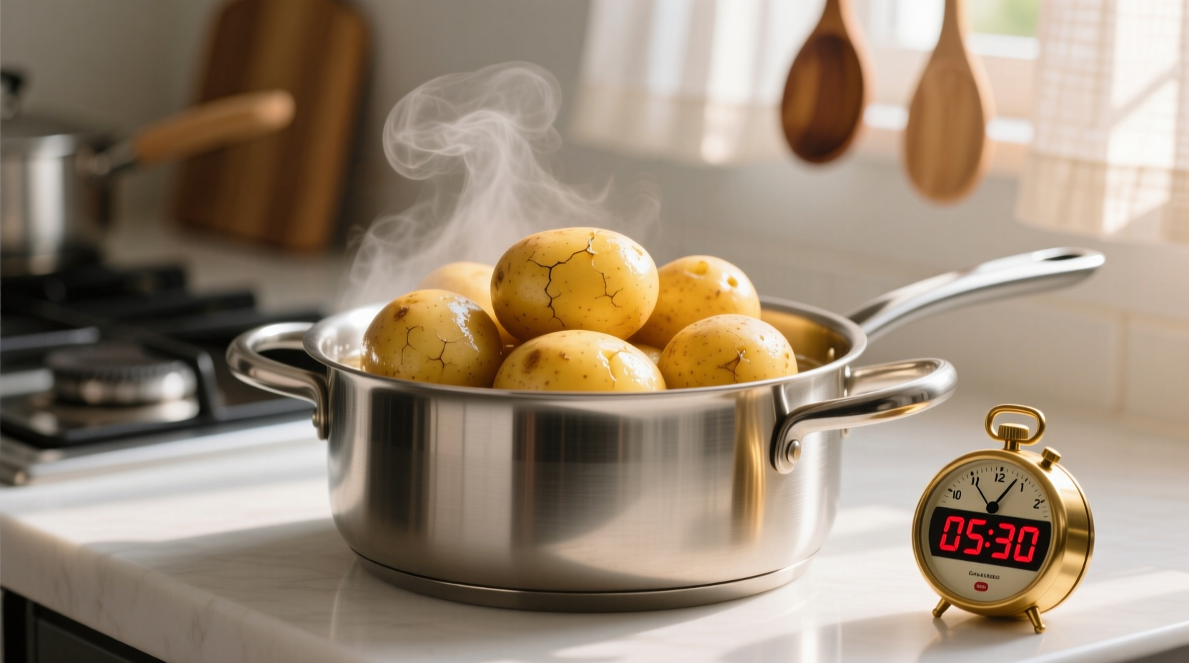 Perfectly boiled golden potatoes in a pot with cooking timer