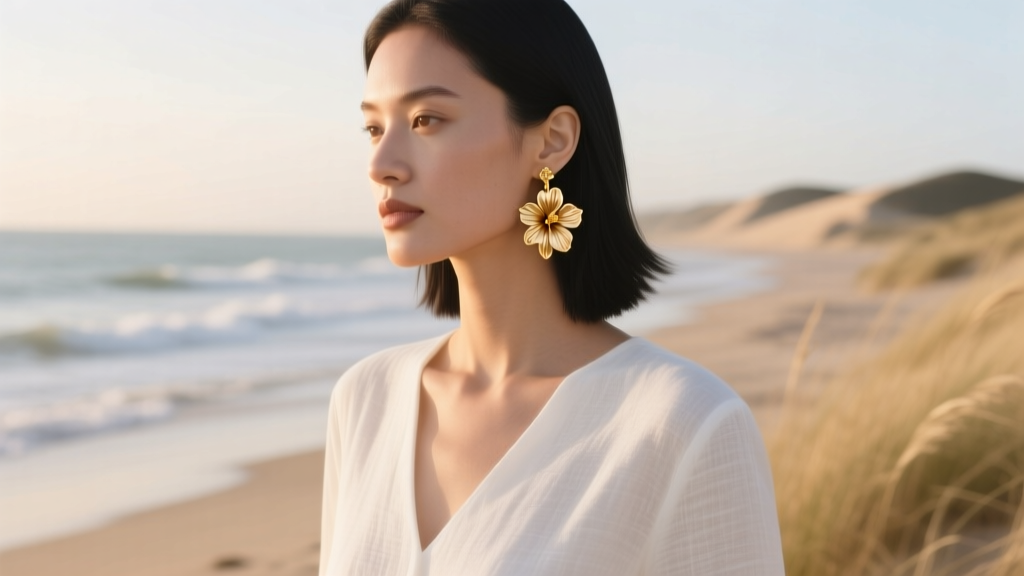 Model wearing 18k gold hibiscus dangle earrings with matte finish and white linen top against a blurred coastal background
