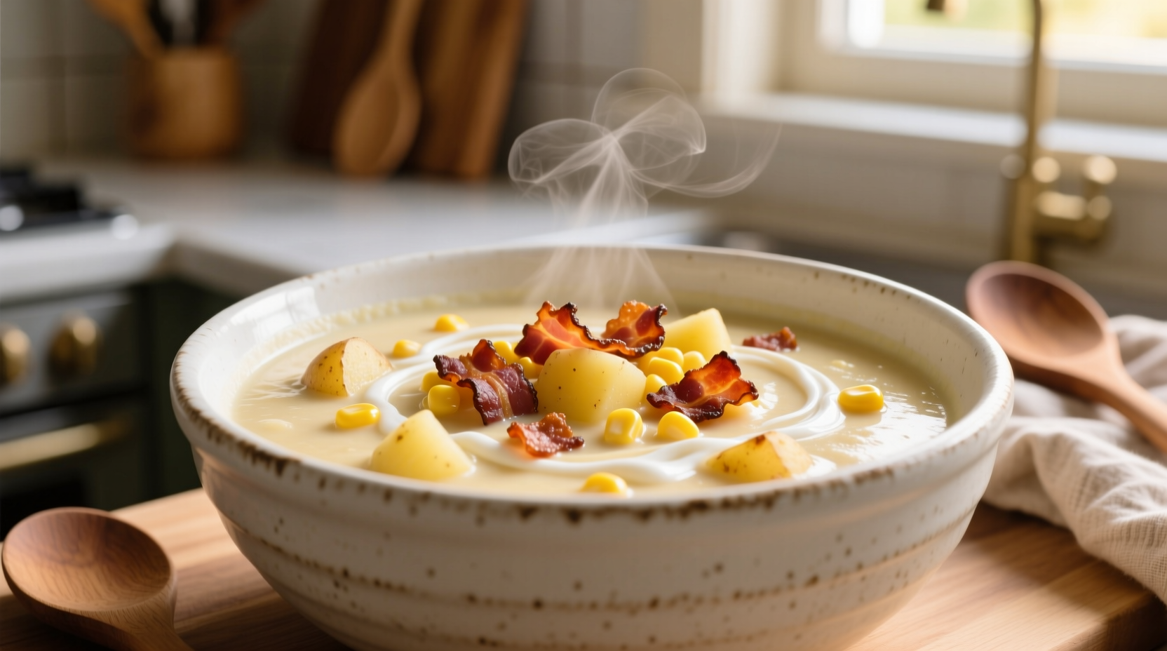 Creamy potato corn chowder with bacon in white bowl