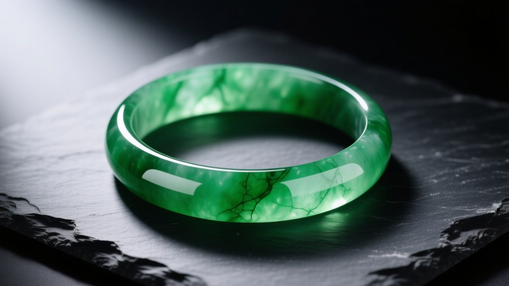 Vibrant green jadeite bangle on dark slate, lit by soft studio light to highlight its glassy luster and crystalline structure.