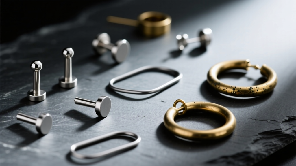 Assorted raw earring blanks including titanium posts, niobium ear wires, and brass hoops scattered on a dark slate jeweler's bench.