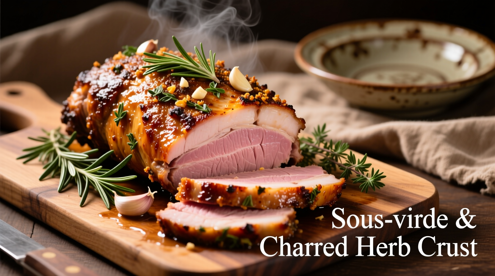 Perfectly roasted pork loin with herb crust on cutting board