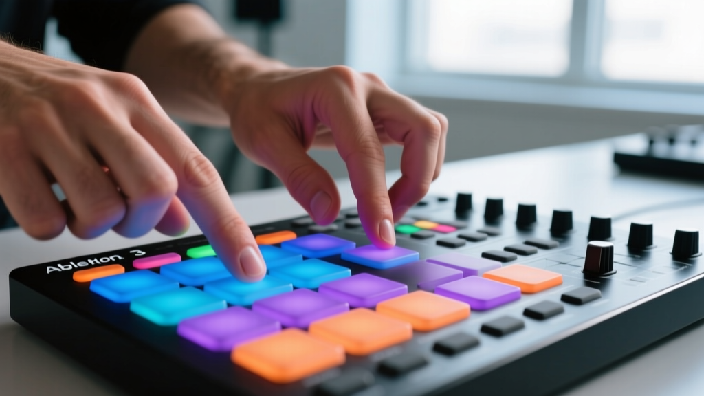 Close-up of hands playing the Ableton Push 3 standalone groovebox, fingers pressing RGB velocity-sensitive pads with custom DAW mappings