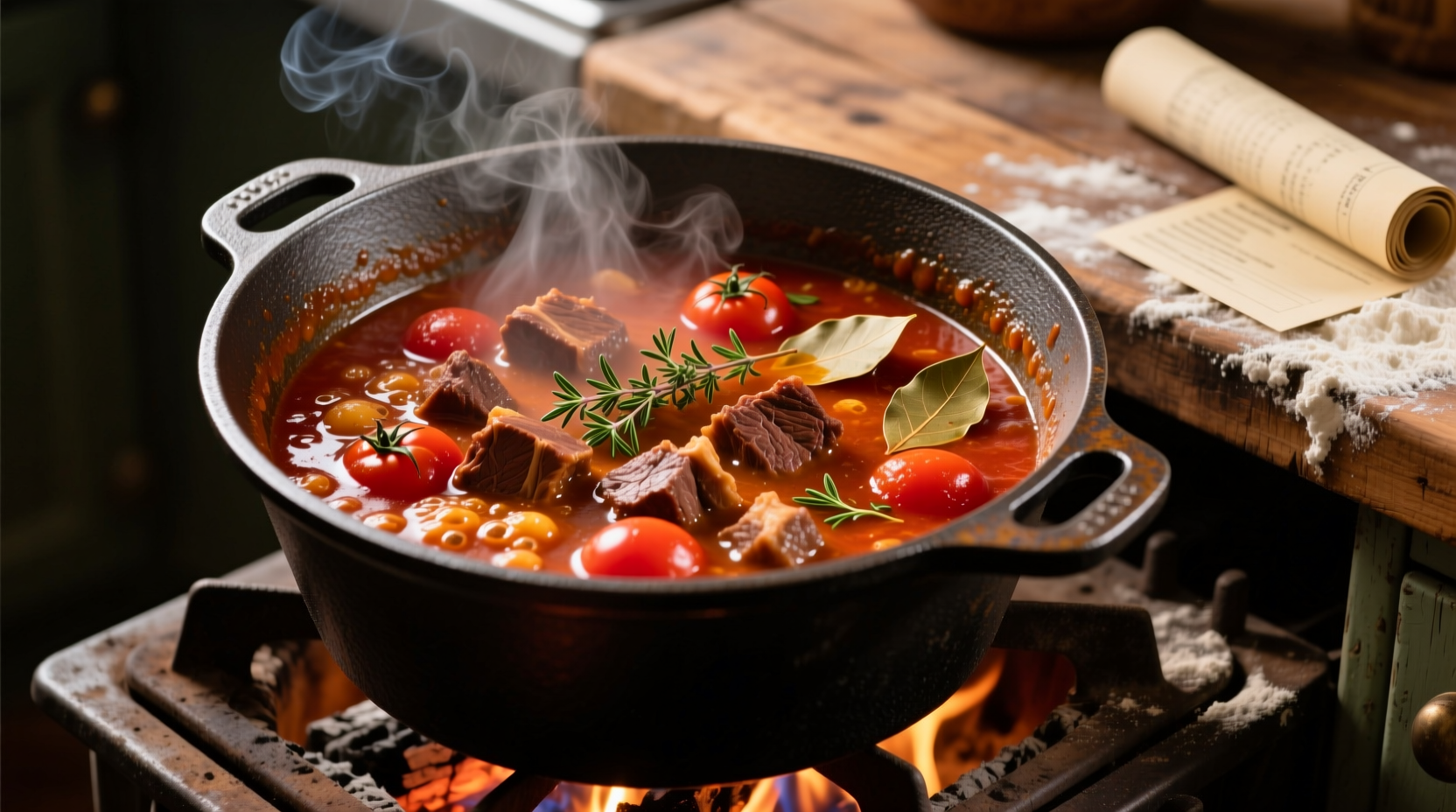 Tomato beef stew simmering in cast iron pot