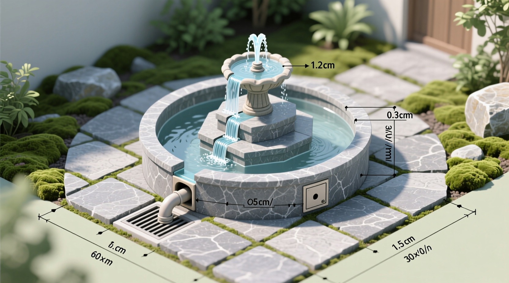 DIY fountain planning layout with measurements