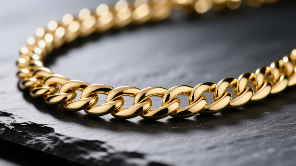 Macro shot of a thick 14k yellow gold curb necklace on dark slate, highlighting interlocking flat links and high polish finish