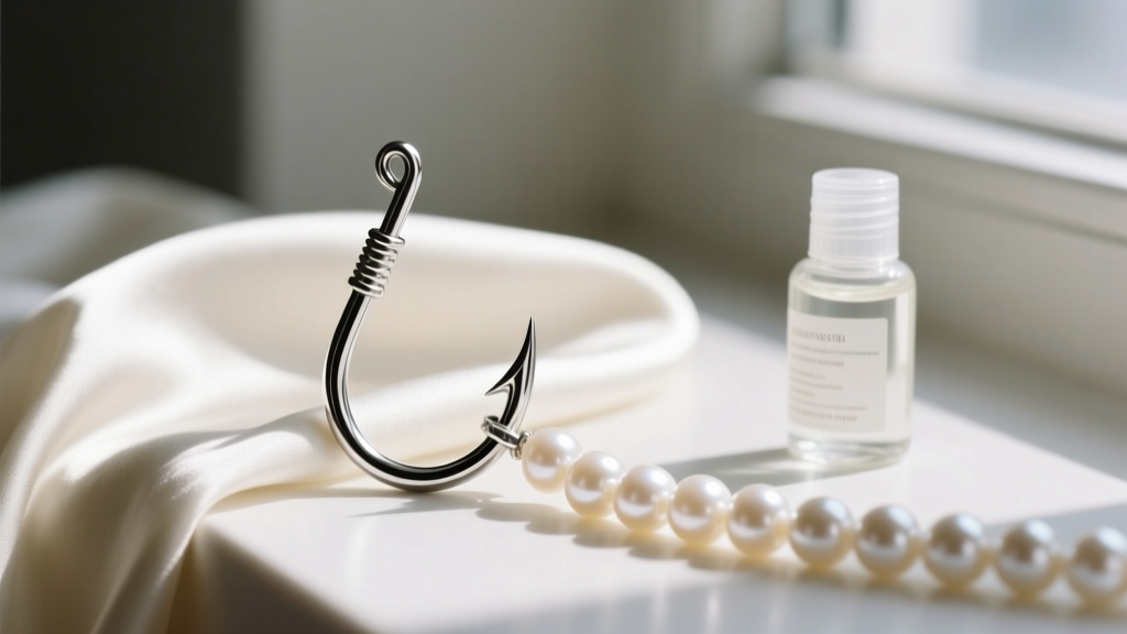Macro shot of a silver fishhook clasp on a pearl strand next to a soft cloth and a small bottle of gentle pearl cleaning liquid