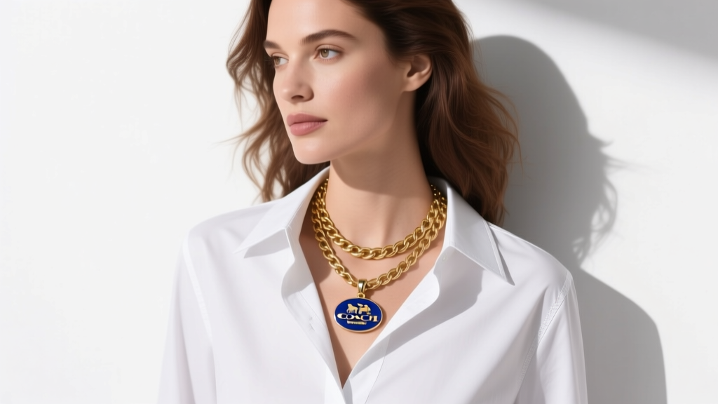 Woman wearing a layered Coach New York gold-tone chain necklace and enamel pendant, styled against a crisp white button-down collar
