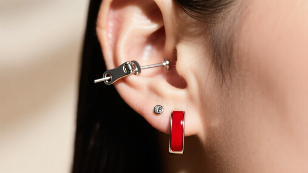 Side profile of an earlobe wearing a 16-gauge red enamel dangle, focusing on the secure leverback clasp and thick wire post.