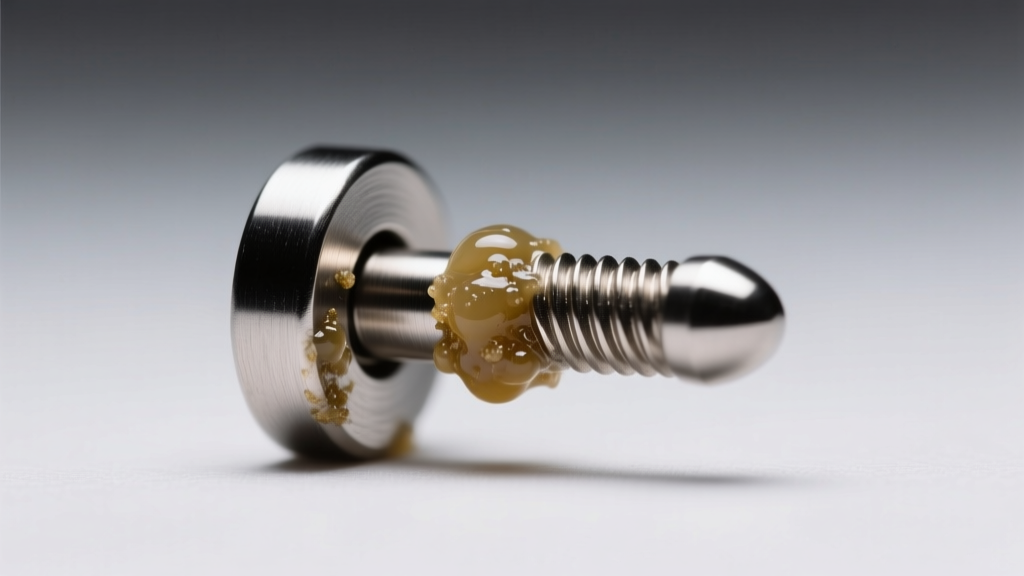 Macro shot of a titanium labret stud earring post showing sebum buildup near the threading, illuminated by a harsh macro flash