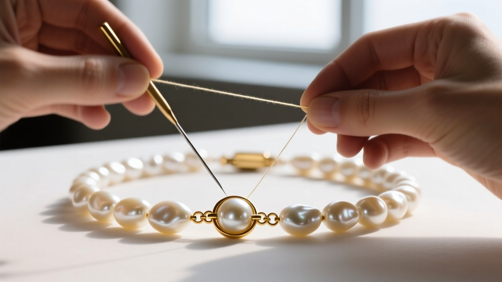 Jeweler hands using a beading needle and Size E silk thread to knot a baroque pearls necklace, with a gold clasp and French wire
