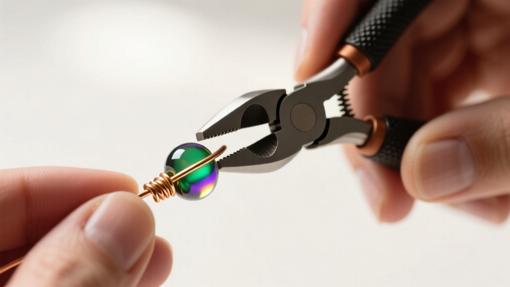 Macro photography of hands using nylon-jaw pliers to bend 20-gauge dead-soft copper wire around a dichroic glass bead.