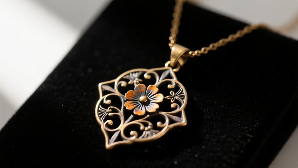 Close-up of a raw brass pendant necklace on dark velvet, showing natural oxidation patina and intricate floral metalwork details.