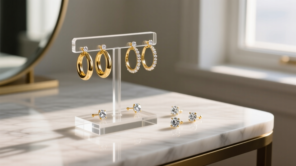 Clear cast acrylic earrings display stand holding gold hoops and diamond studs on a vanity table bathed in soft morning light