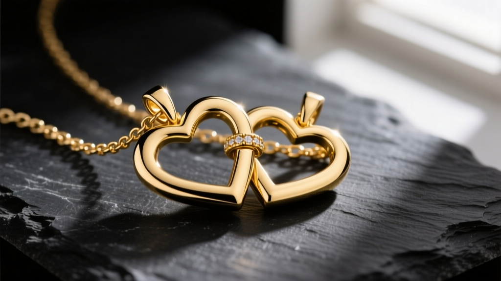 Macro shot of interlocking 14k yellow gold heart pendants on dark slate, highlighting polished bezels and chain links.