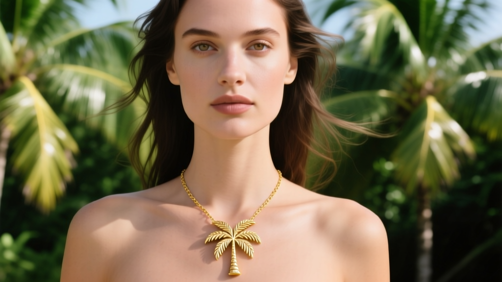 Close-up of a woman wearing a delicate 14k gold palm tree necklace on her collarbone, soft natural sunlight, tropical background.