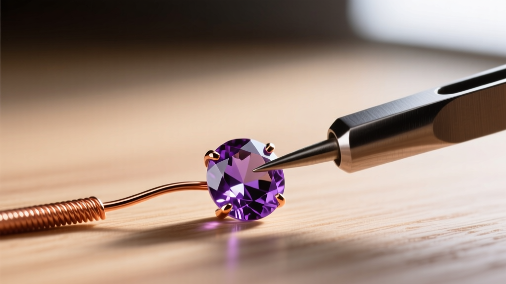 Macro shot of 16-gauge copper wire prong pushed over an amethyst girdle using a steel bezel pusher on a wooden jeweler's bench.
