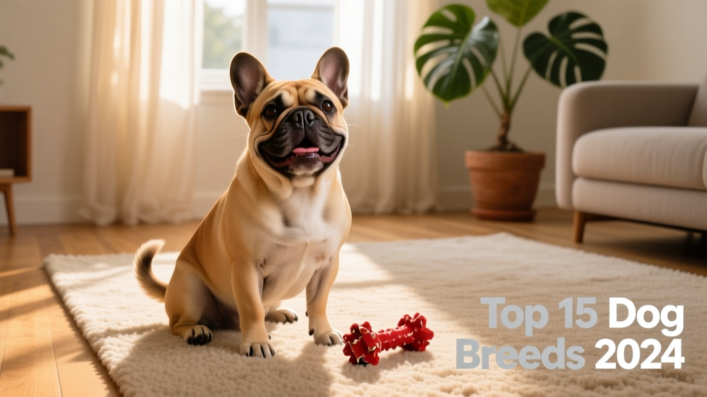 A joyful French Bulldog sitting on a sunlit living room rug with a chew toy nearby