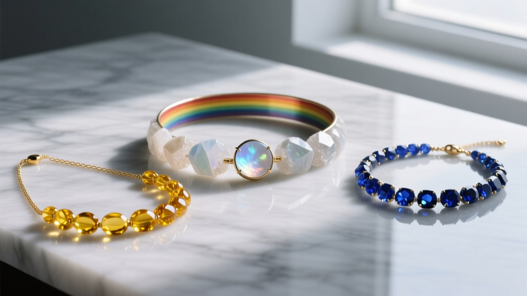 Flat lay of three rainbow stone necklaces: raw moonstone choker, coated topaz chain, and multi-gem sapphire strand on grey marble.